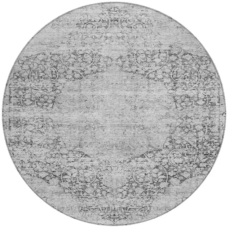 8' Gray And Ivory Round Oriental Washable Indoor Outdoor Area Rug