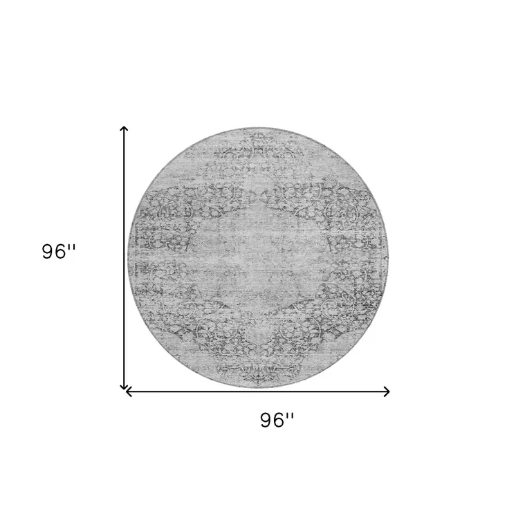 8' Gray And Ivory Round Oriental Washable Indoor Outdoor Area Rug