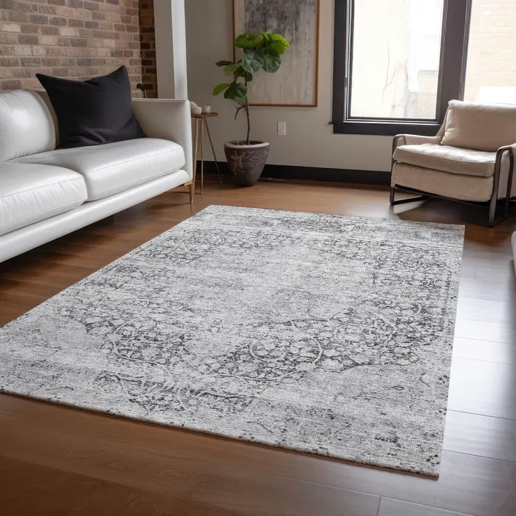 9' X 12' Gray And Ivory Oriental Washable Indoor Outdoor Area Rug