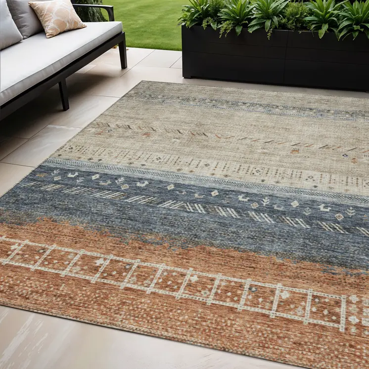 5' X 8' Brown Blue And Beige Southwestern Washable Indoor Outdoor Area Rug