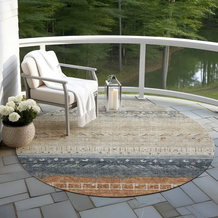 8' Brown Blue And Beige Round Southwestern Washable Indoor Outdoor Area Rug