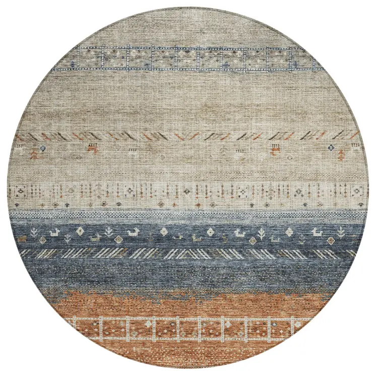 8' Brown Blue And Beige Round Southwestern Washable Indoor Outdoor Area Rug