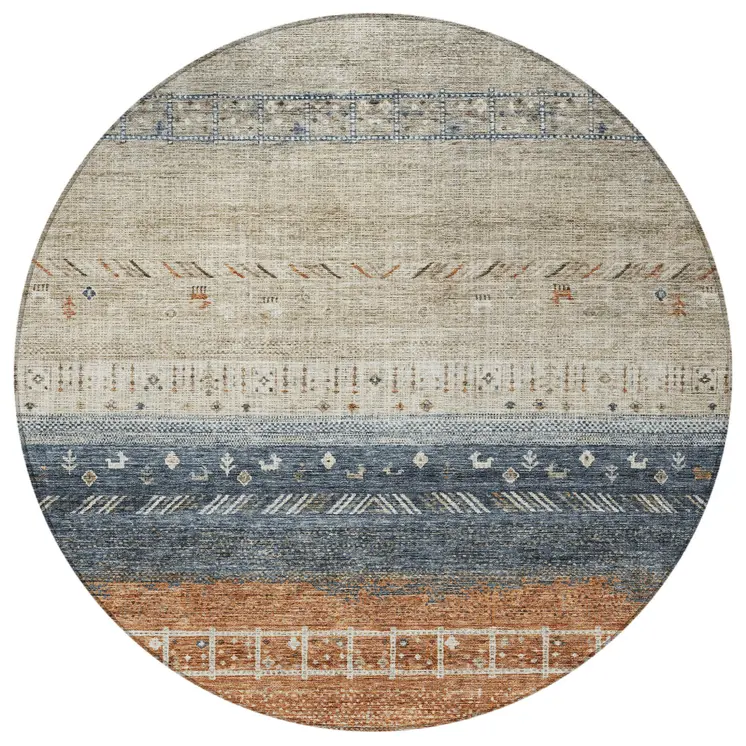 8' Brown Blue And Beige Round Southwestern Washable Indoor Outdoor Area Rug
