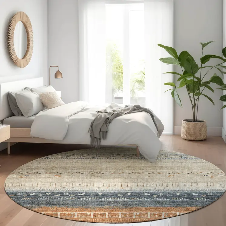 8' Brown Blue And Beige Round Southwestern Washable Indoor Outdoor Area Rug
