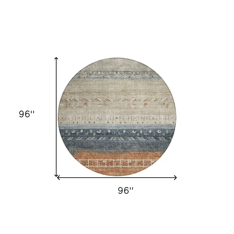 8' Brown Blue And Beige Round Southwestern Washable Indoor Outdoor Area Rug