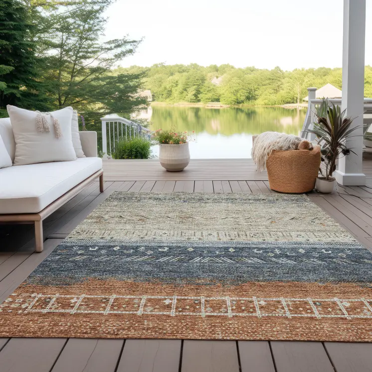 9' X 12' Brown Blue And Beige Southwestern Washable Indoor Outdoor Area Rug