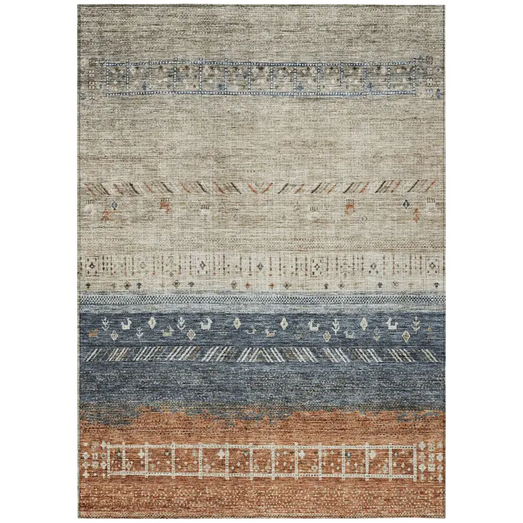 9' X 12' Brown Blue And Beige Southwestern Washable Indoor Outdoor Area Rug