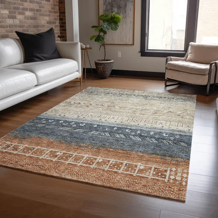 9' X 12' Brown Blue And Beige Southwestern Washable Indoor Outdoor Area Rug