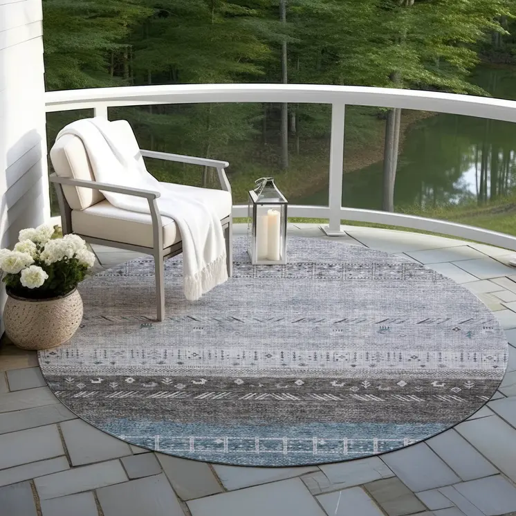 8' Blue Gray And Charcoal Round Southwestern Washable Indoor Outdoor Area Rug