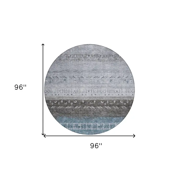 8' Blue Gray And Charcoal Round Southwestern Washable Indoor Outdoor Area Rug