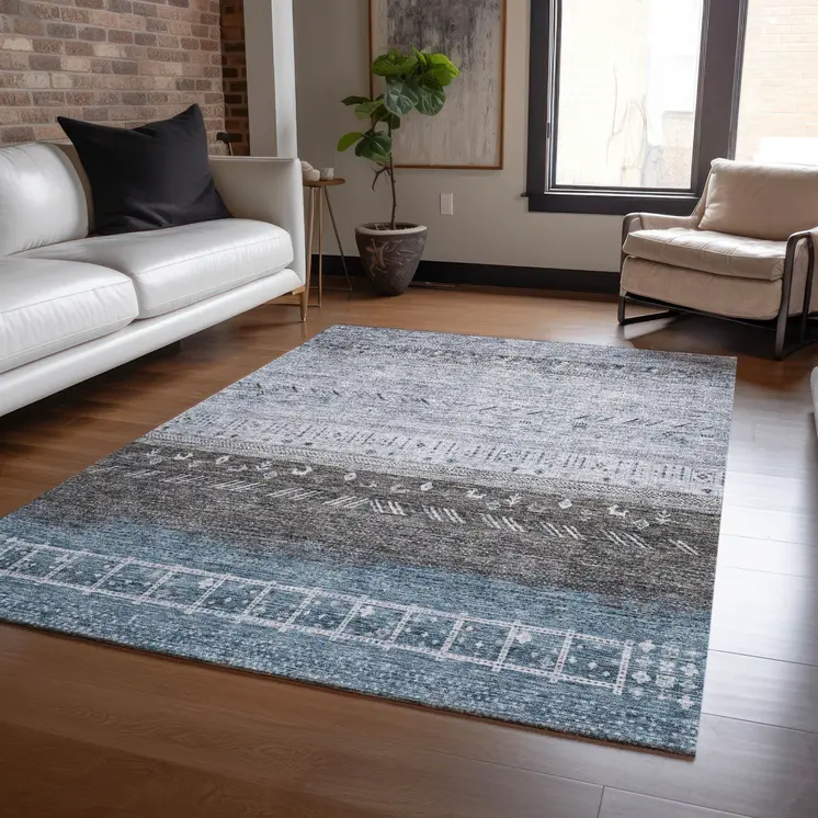 8' X 10' Blue Gray And Charcoal Southwestern Washable Indoor Outdoor Area Rug