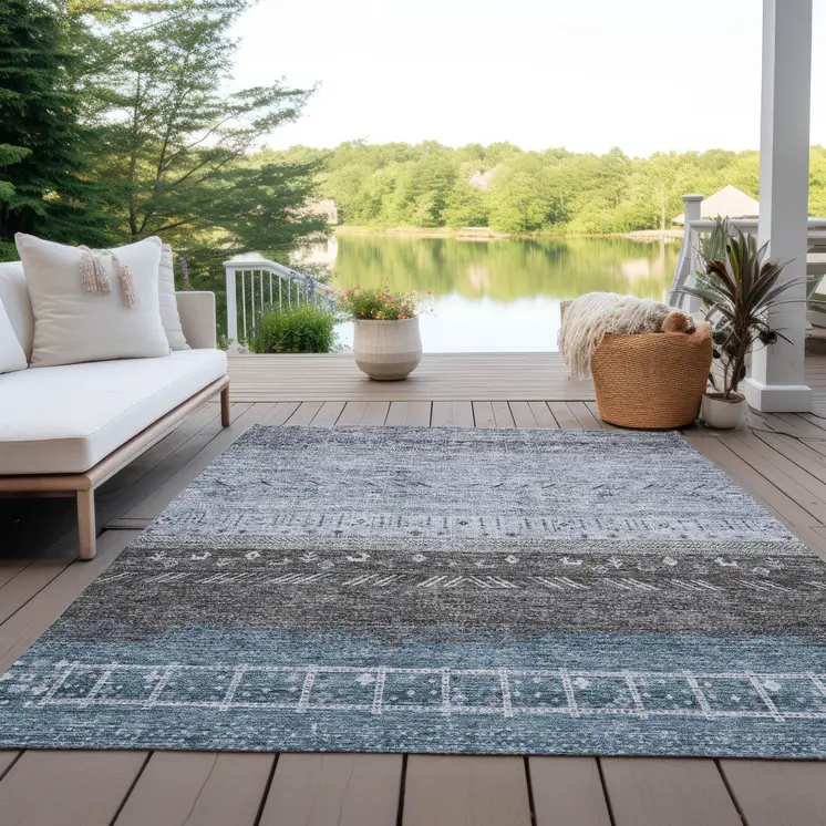 9' X 12' Blue Gray And Charcoal Southwestern Washable Indoor Outdoor Area Rug