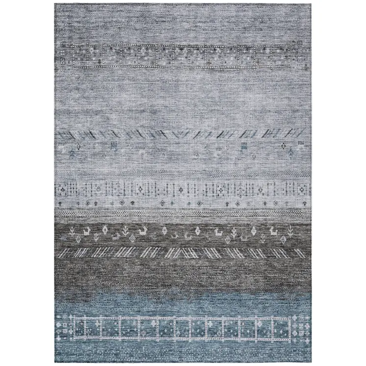 9' X 12' Blue Gray And Charcoal Southwestern Washable Indoor Outdoor Area Rug