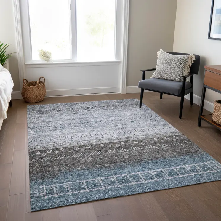 10' X 14' Blue Gray And Charcoal Southwestern Washable Indoor Outdoor Area Rug