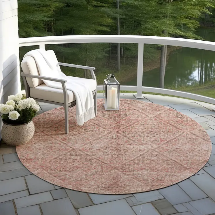 8' Pink And Brown Round Moroccan Washable Indoor Outdoor Area Rug