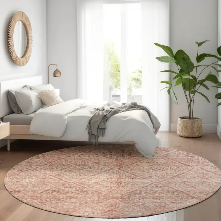 8' Pink And Brown Round Moroccan Washable Indoor Outdoor Area Rug