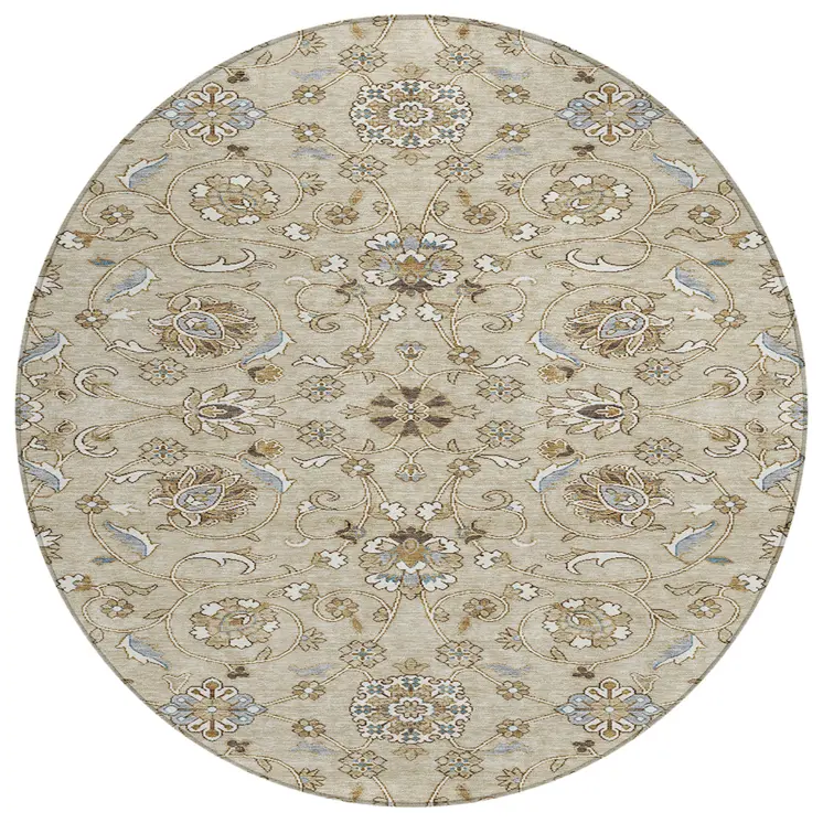 8' Beige Blue And Brown Round Moroccan Washable Indoor Outdoor Area Rug