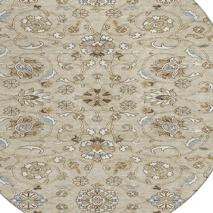 8' Beige Blue And Brown Round Moroccan Washable Indoor Outdoor Area Rug