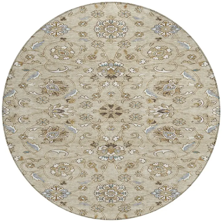 8' Beige Blue And Brown Round Moroccan Washable Indoor Outdoor Area Rug