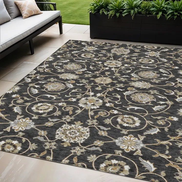 5' X 8' Black Brown And Ivory Moroccan Washable Indoor Outdoor Area Rug
