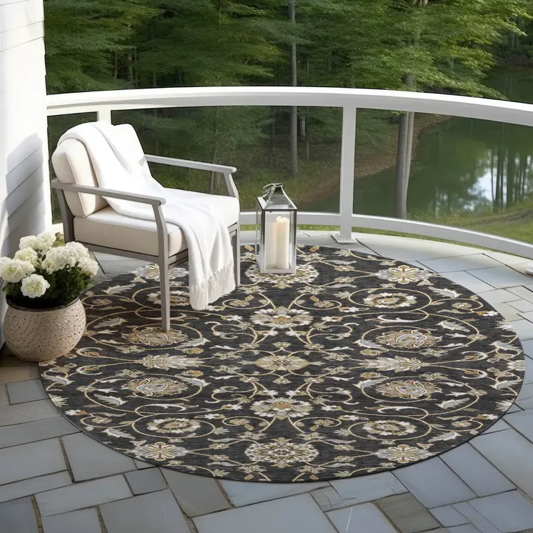 8' Black Brown And Ivory Round Moroccan Washable Indoor Outdoor Area Rug