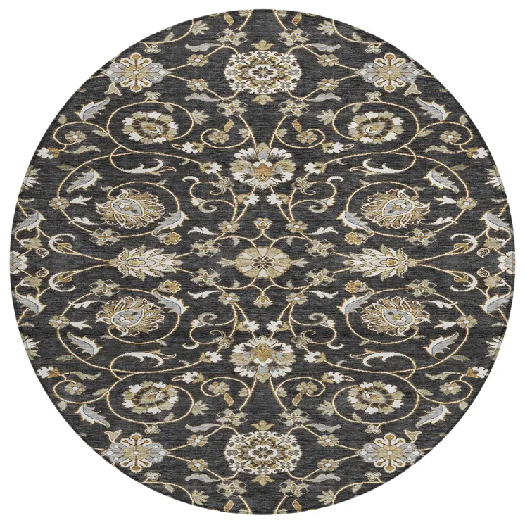 8' Black Brown And Ivory Round Moroccan Washable Indoor Outdoor Area Rug