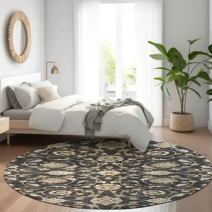 8' Black Brown And Ivory Round Moroccan Washable Indoor Outdoor Area Rug