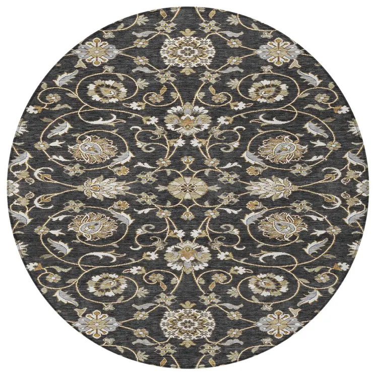 8' Black Brown And Ivory Round Moroccan Washable Indoor Outdoor Area Rug