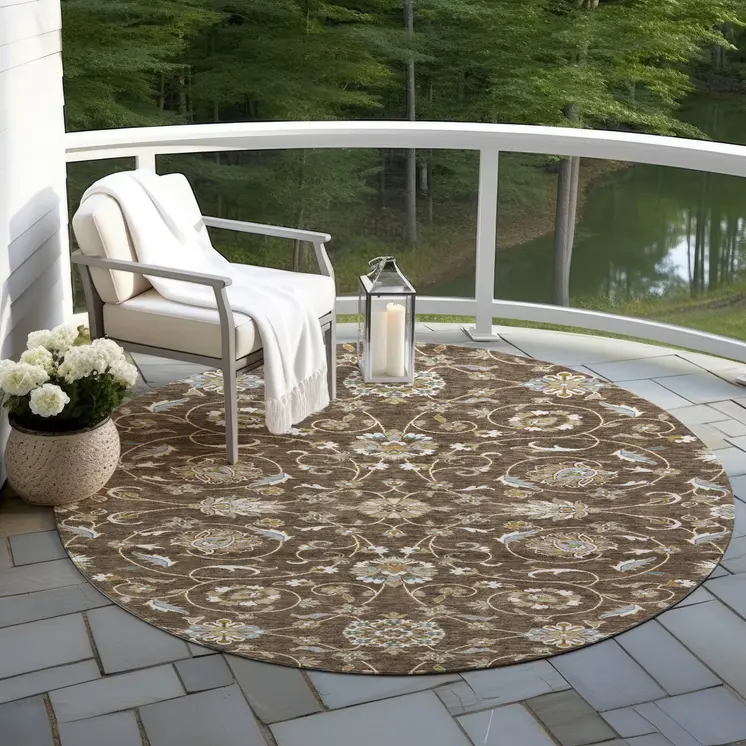 8' Chocolate Ivory And Gray Round Moroccan Washable Indoor Outdoor Area Rug