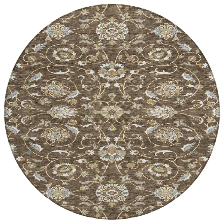 8' Chocolate Ivory And Gray Round Moroccan Washable Indoor Outdoor Area Rug