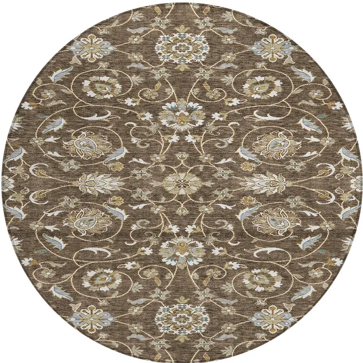 8' Chocolate Ivory And Gray Round Moroccan Washable Indoor Outdoor Area Rug