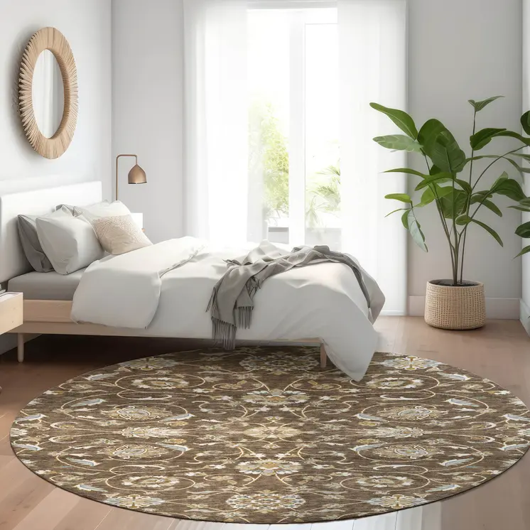 8' Chocolate Ivory And Gray Round Moroccan Washable Indoor Outdoor Area Rug