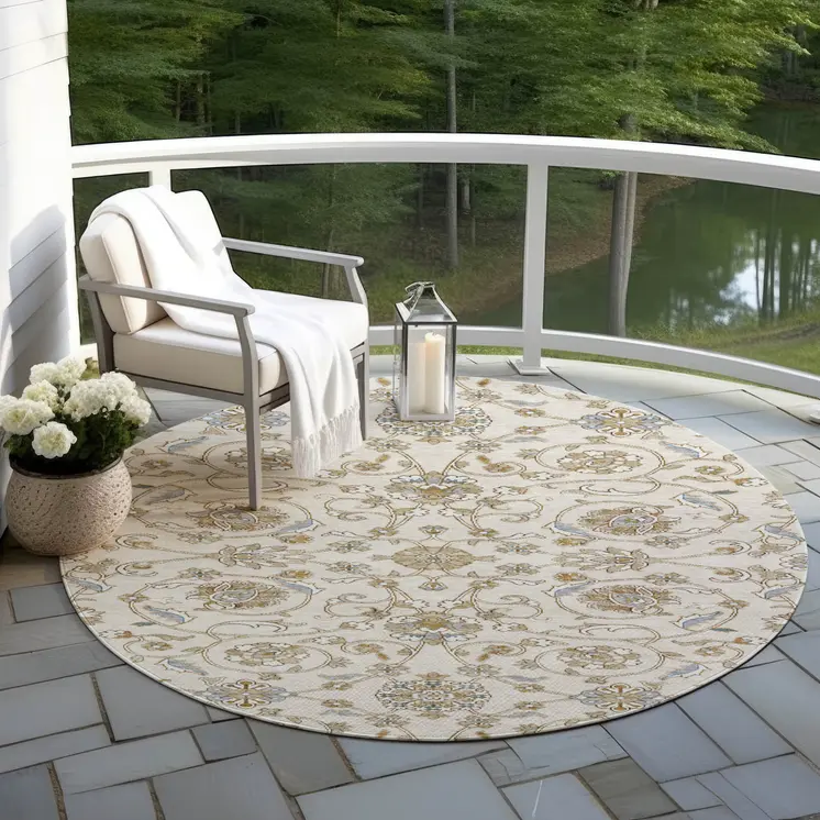 8' Ivory Brown And Gray Round Moroccan Washable Indoor Outdoor Area Rug