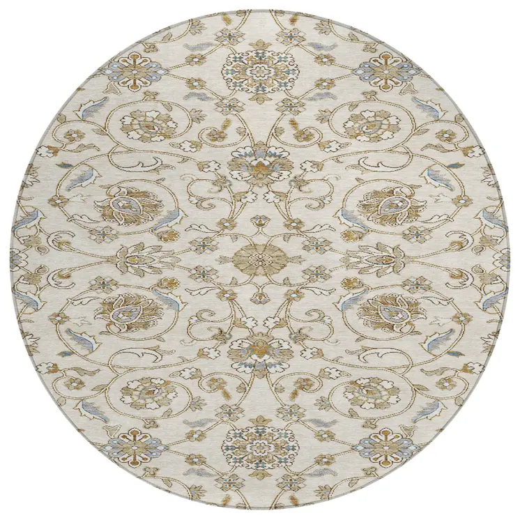 8' Ivory Brown And Gray Round Moroccan Washable Indoor Outdoor Area Rug