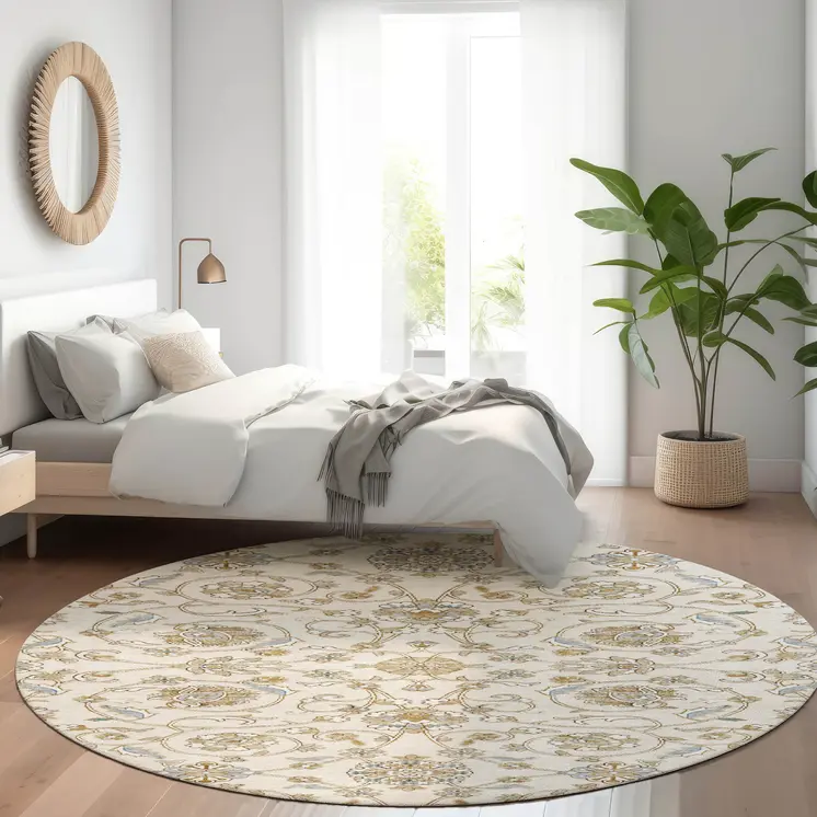 8' Ivory Brown And Gray Round Moroccan Washable Indoor Outdoor Area Rug