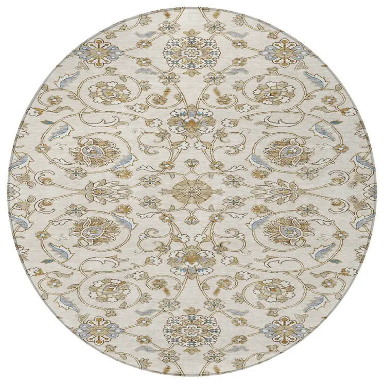 8' Ivory Brown And Gray Round Moroccan Washable Indoor Outdoor Area Rug