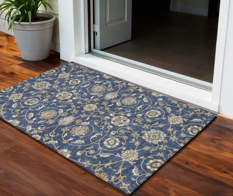 3' X 5' Navy Blue Brown And Ivory Moroccan Washable Indoor Outdoor Area Rug