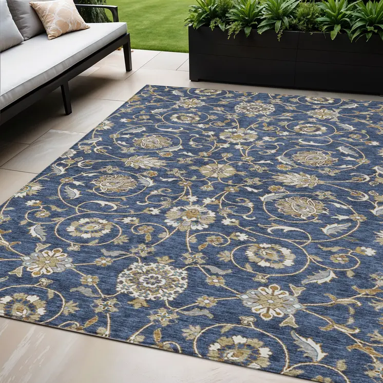 5' X 8' Navy Blue Brown And Ivory Moroccan Washable Indoor Outdoor Area Rug
