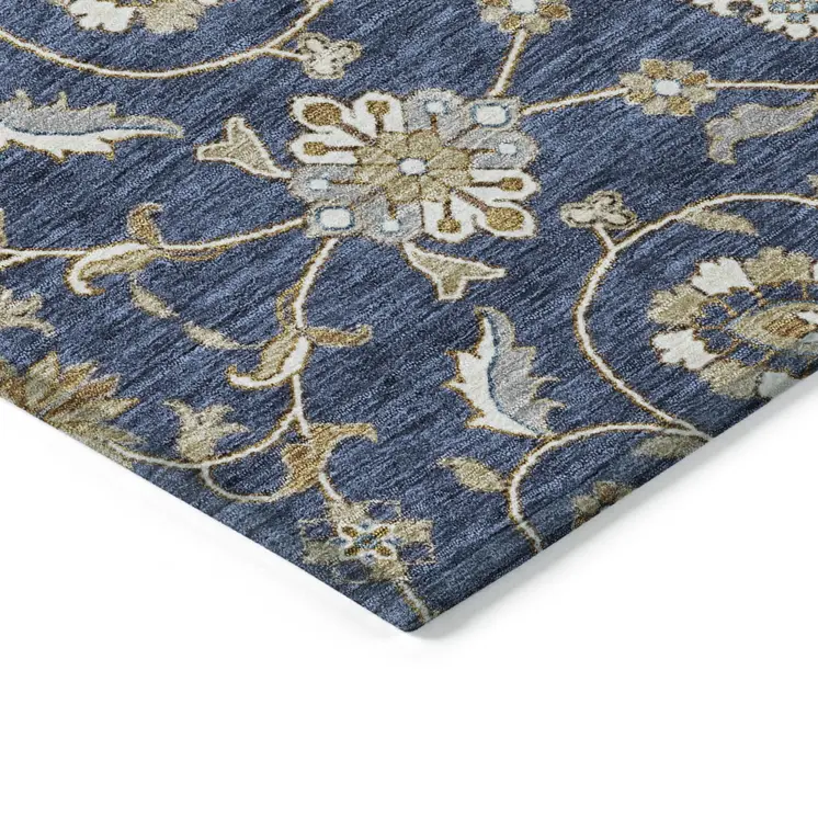 8' Navy Blue Brown And Ivory Round Moroccan Washable Indoor Outdoor Area Rug