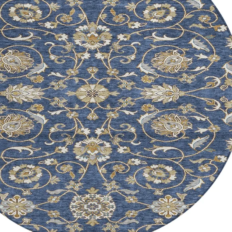 8' Navy Blue Brown And Ivory Round Moroccan Washable Indoor Outdoor Area Rug