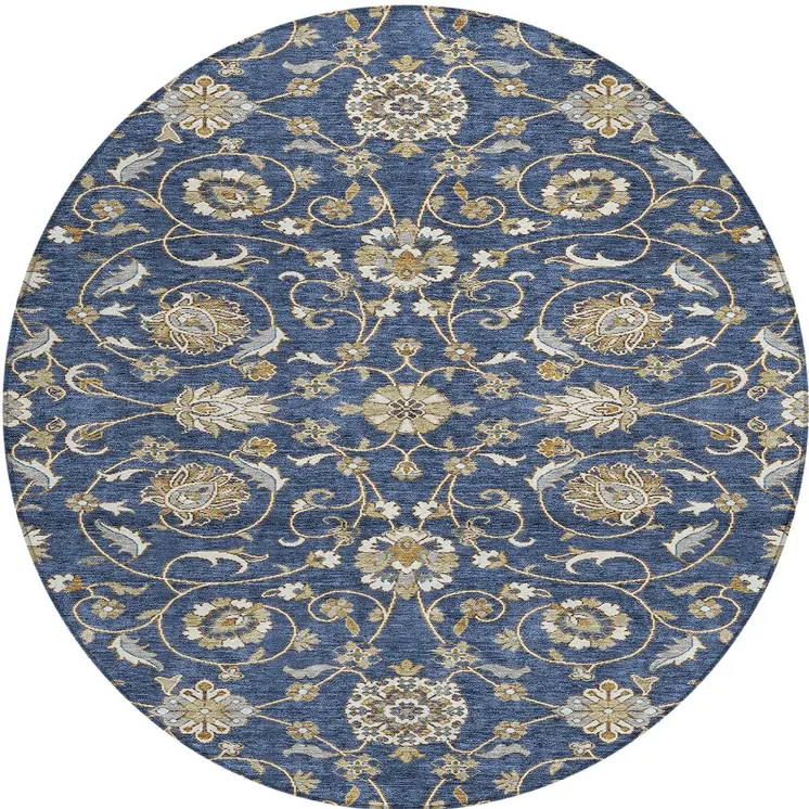 8' Navy Blue Brown And Ivory Round Moroccan Washable Indoor Outdoor Area Rug