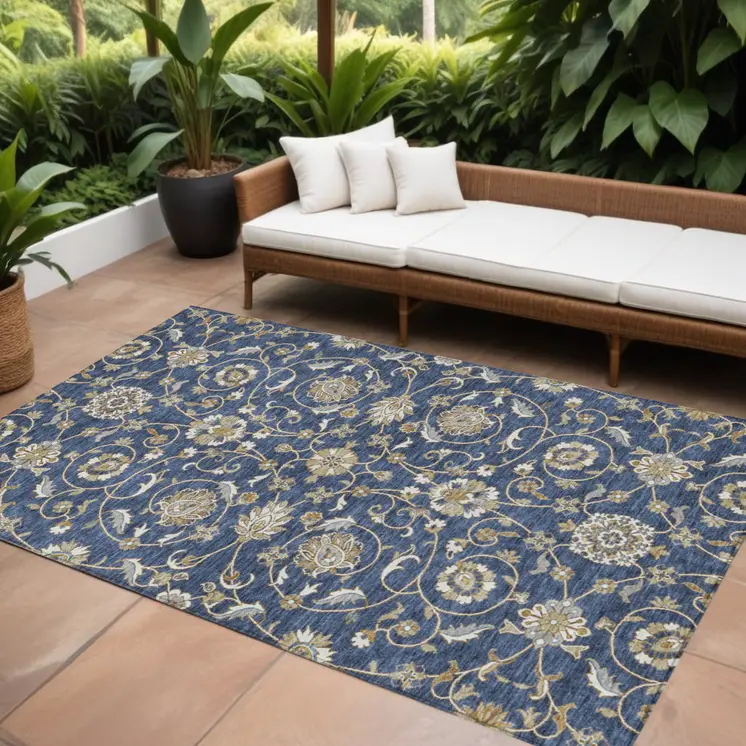 8' X 10' Navy Blue Brown And Ivory Moroccan Washable Indoor Outdoor Area Rug