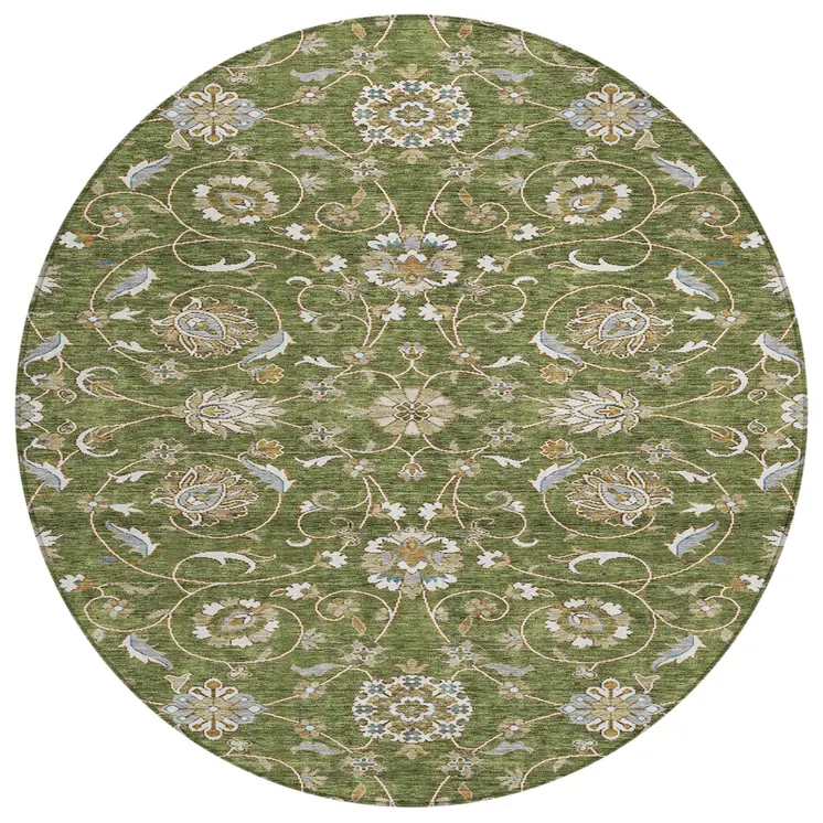8' Olive Green Brown And Ivory Round Moroccan Washable Indoor Outdoor Area Rug