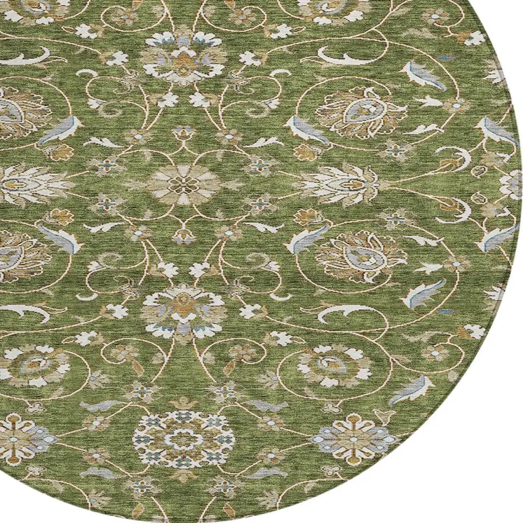 8' Olive Green Brown And Ivory Round Moroccan Washable Indoor Outdoor Area Rug