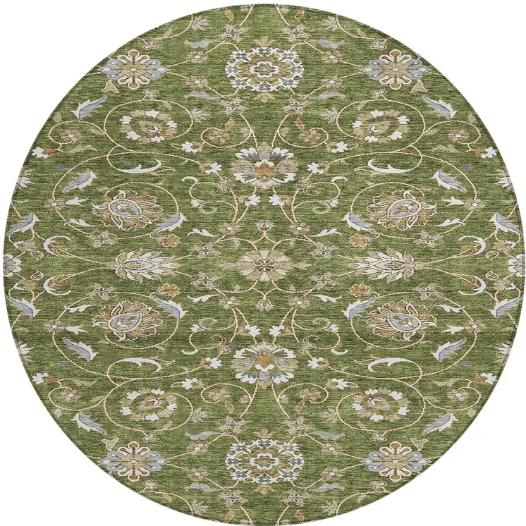 8' Olive Green Brown And Ivory Round Moroccan Washable Indoor Outdoor Area Rug