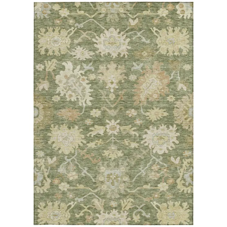 5' X 8' Artichoke Green Ivory And Tan Floral Washable Indoor Outdoor Area Rug