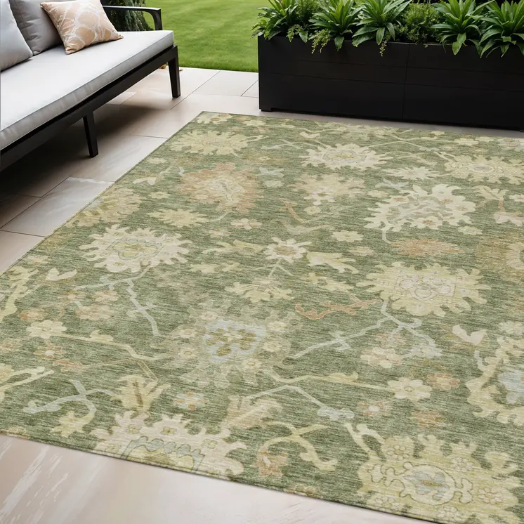 5' X 8' Artichoke Green Ivory And Tan Floral Washable Indoor Outdoor Area Rug