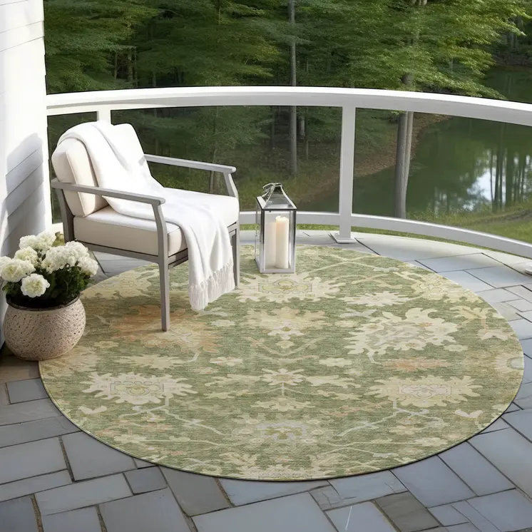 8' Artichoke Green Ivory And Tan Round Floral Washable Indoor Outdoor Area Rug