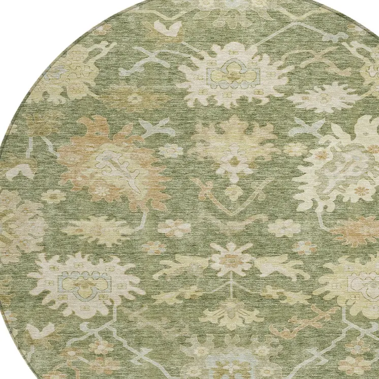 8' Artichoke Green Ivory And Tan Round Floral Washable Indoor Outdoor Area Rug