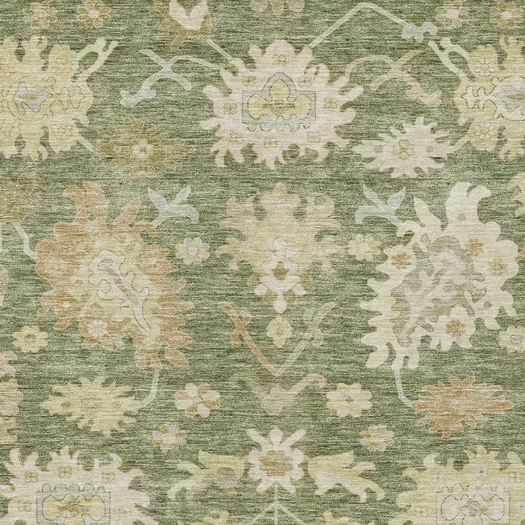 8' X 10' Artichoke Green Ivory And Tan Floral Washable Indoor Outdoor Area Rug